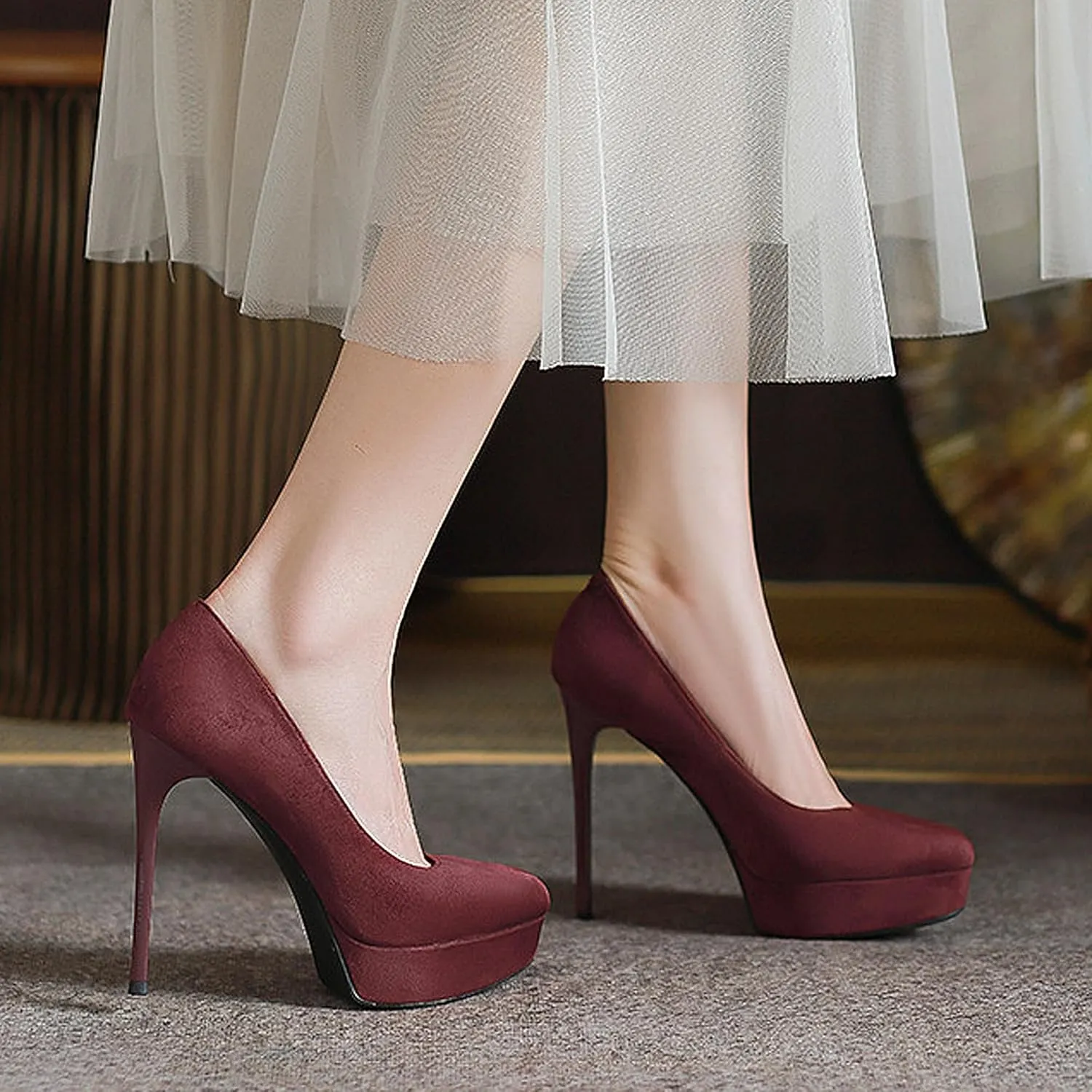 Womens High Heel Platform Pumps Round Toe Sky Stilettoes Waterproof Suede Closed Pointed 4.72" Party Dress Summer Sandals Shoes Office Wedding