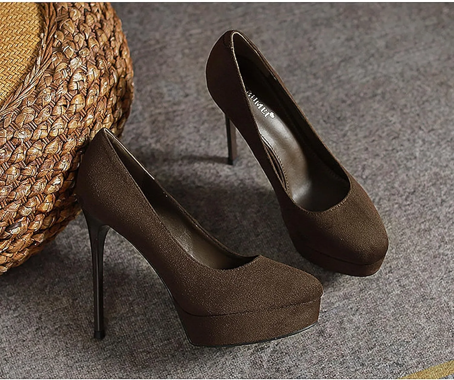 Womens High Heel Platform Pumps Round Toe Sky Stilettoes Waterproof Suede Closed Pointed 4.72" Party Dress Summer Sandals Shoes Office Wedding