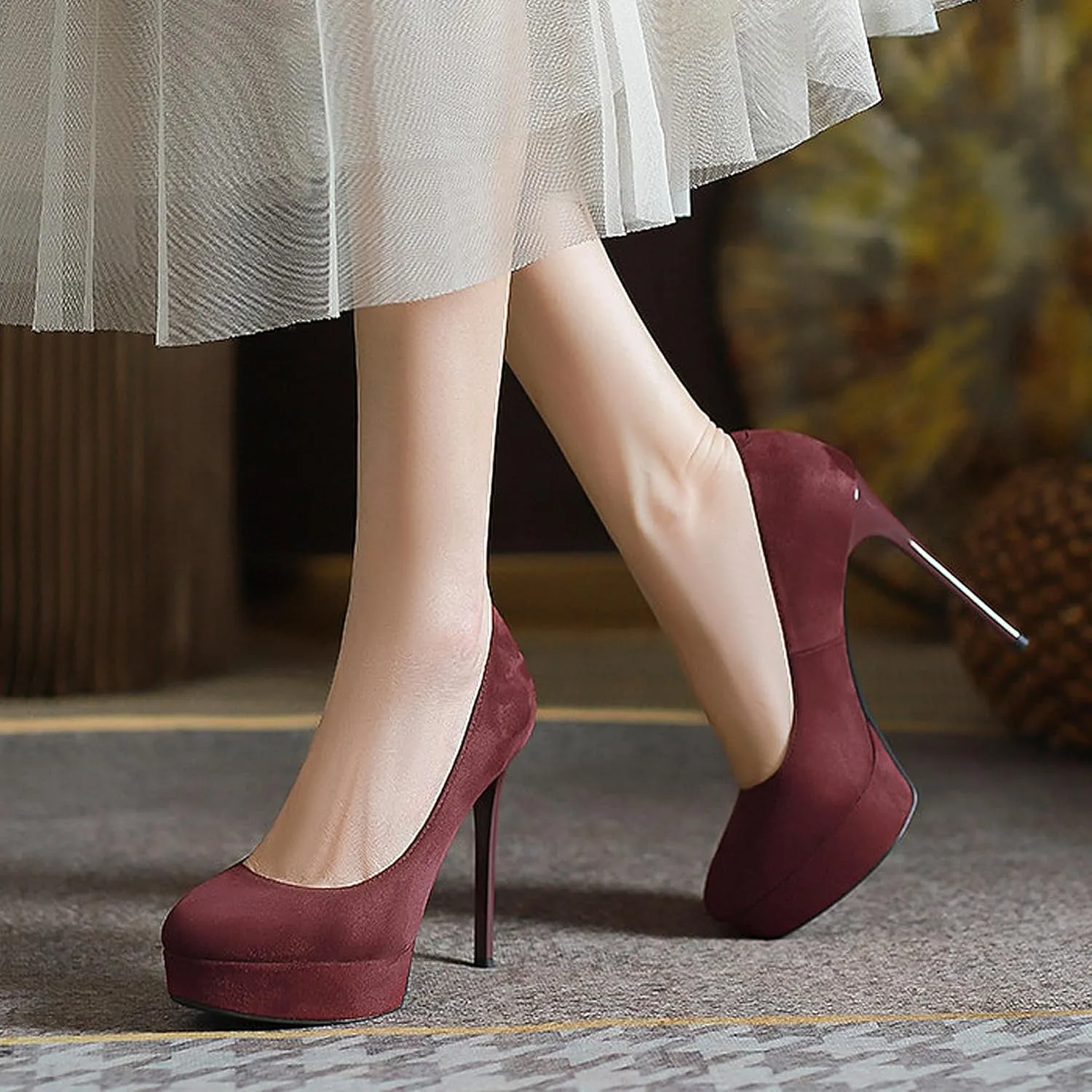 Womens High Heel Platform Pumps Round Toe Sky Stilettoes Waterproof Suede Closed Pointed 4.72" Party Dress Summer Sandals Shoes Office Wedding