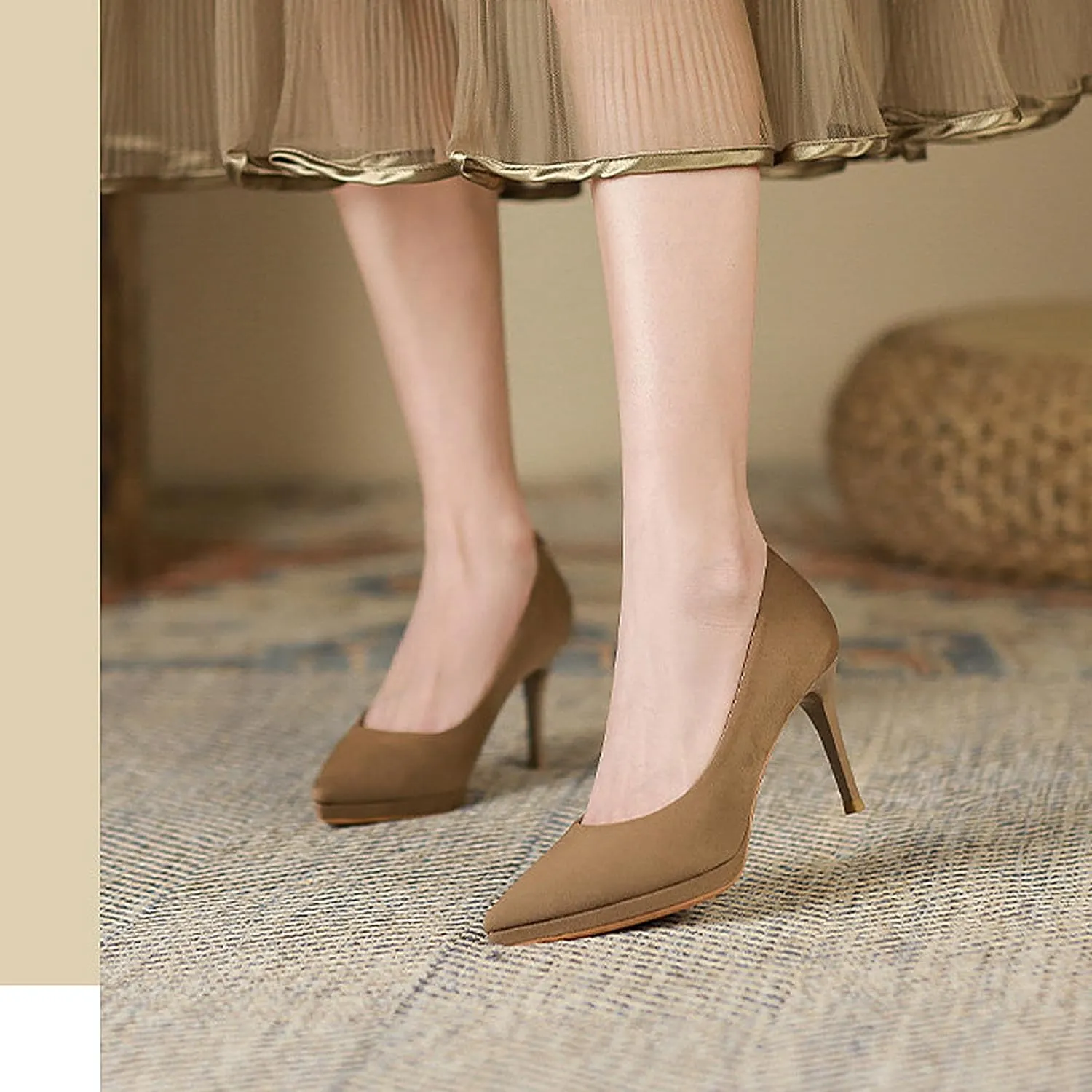 Women's High Heels Pumps Closed Pointed Toe Stiletto 3.14IN Suede Shallow Mouth Waterproof Platform Solid Color Dress Wedding Office Shoes