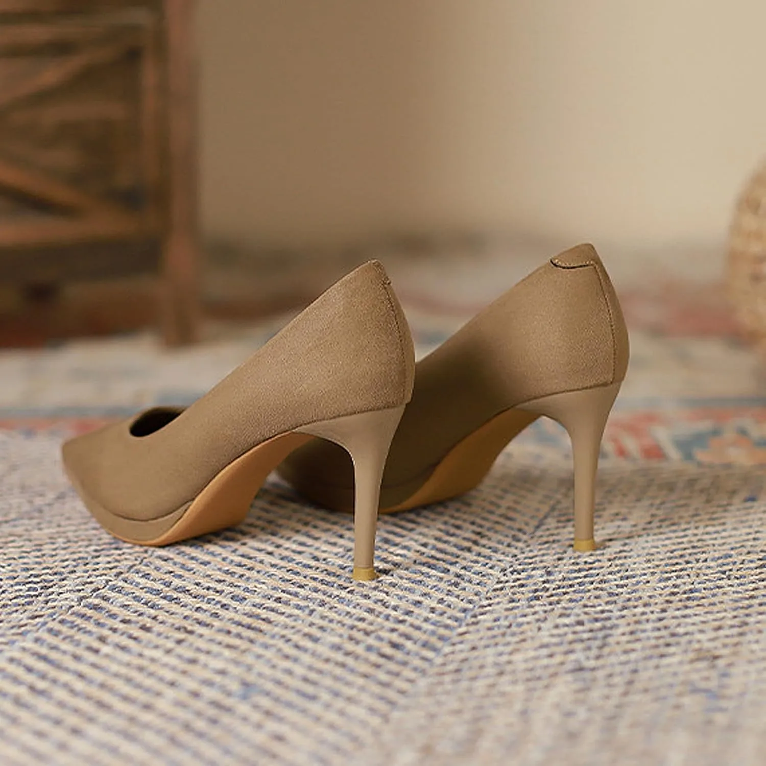 Women's High Heels Pumps Closed Pointed Toe Stiletto 3.14IN Suede Shallow Mouth Waterproof Platform Solid Color Dress Wedding Office Shoes