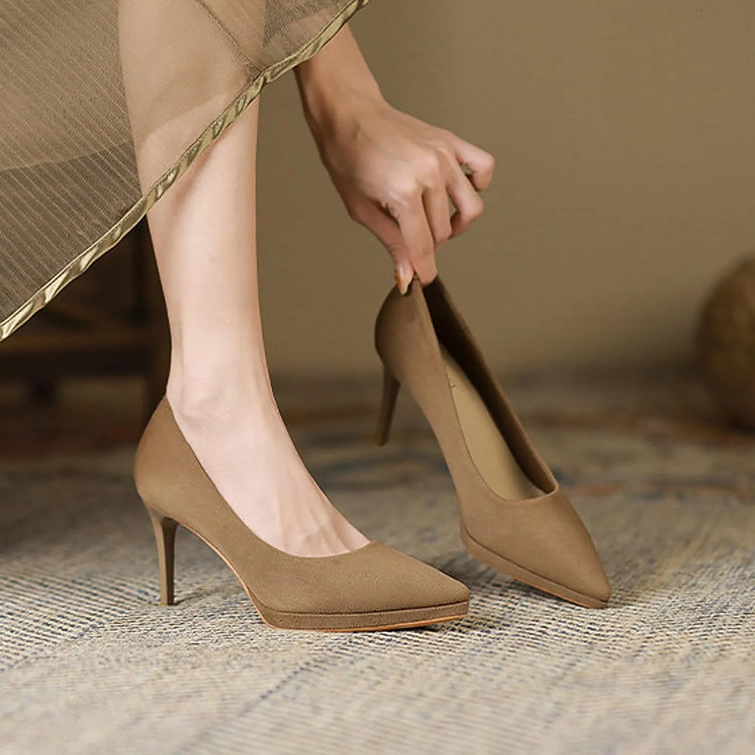 Women's High Heels Pumps Closed Pointed Toe Stiletto 3.14IN Suede Shallow Mouth Waterproof Platform Solid Color Dress Wedding Office Shoes