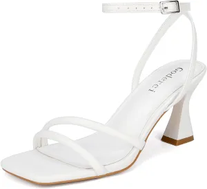 Women's Kitten Strappy Mid heels Square Open Toe Ankle Strap Heeled Sandals