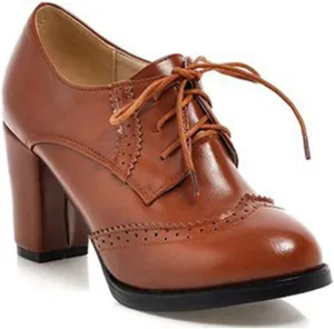 Women's Lace Up Wingtip Oxford Pump Vintage Perforated Chunky Platform High Heel Brogues Dress Shoes