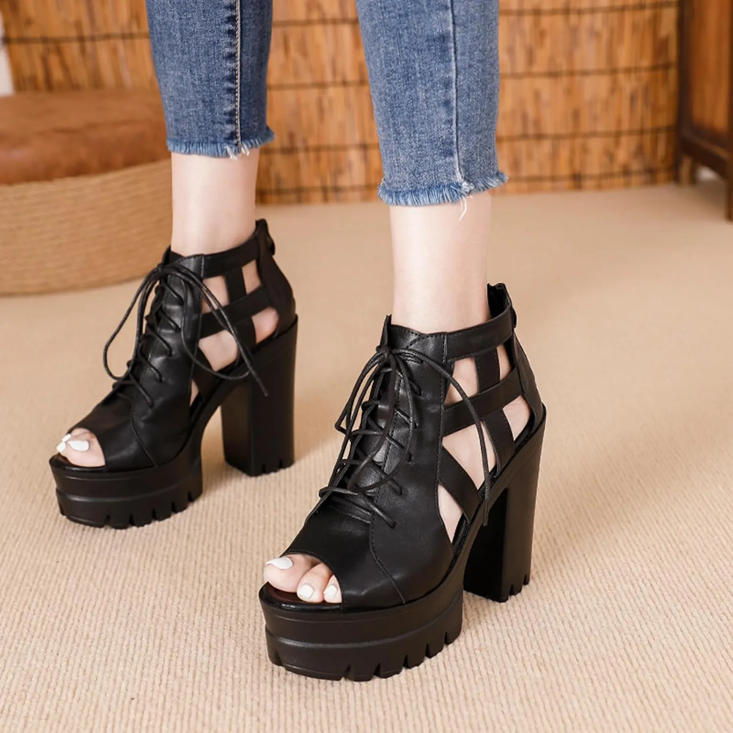 Womens Leather Chunky High Heel Fish Mouth Gladiator Sandals Fashion Lace Up Back Zipper Comfort Cutout Non-Slip Platform Block Heel Y2k Ankle Booties for Dressy Party
