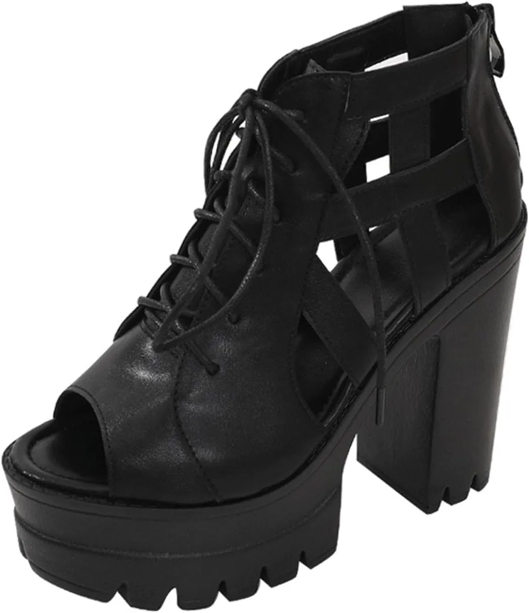 Womens Leather Chunky High Heel Fish Mouth Gladiator Sandals Fashion Lace Up Back Zipper Comfort Cutout Non-Slip Platform Block Heel Y2k Ankle Booties for Dressy Party