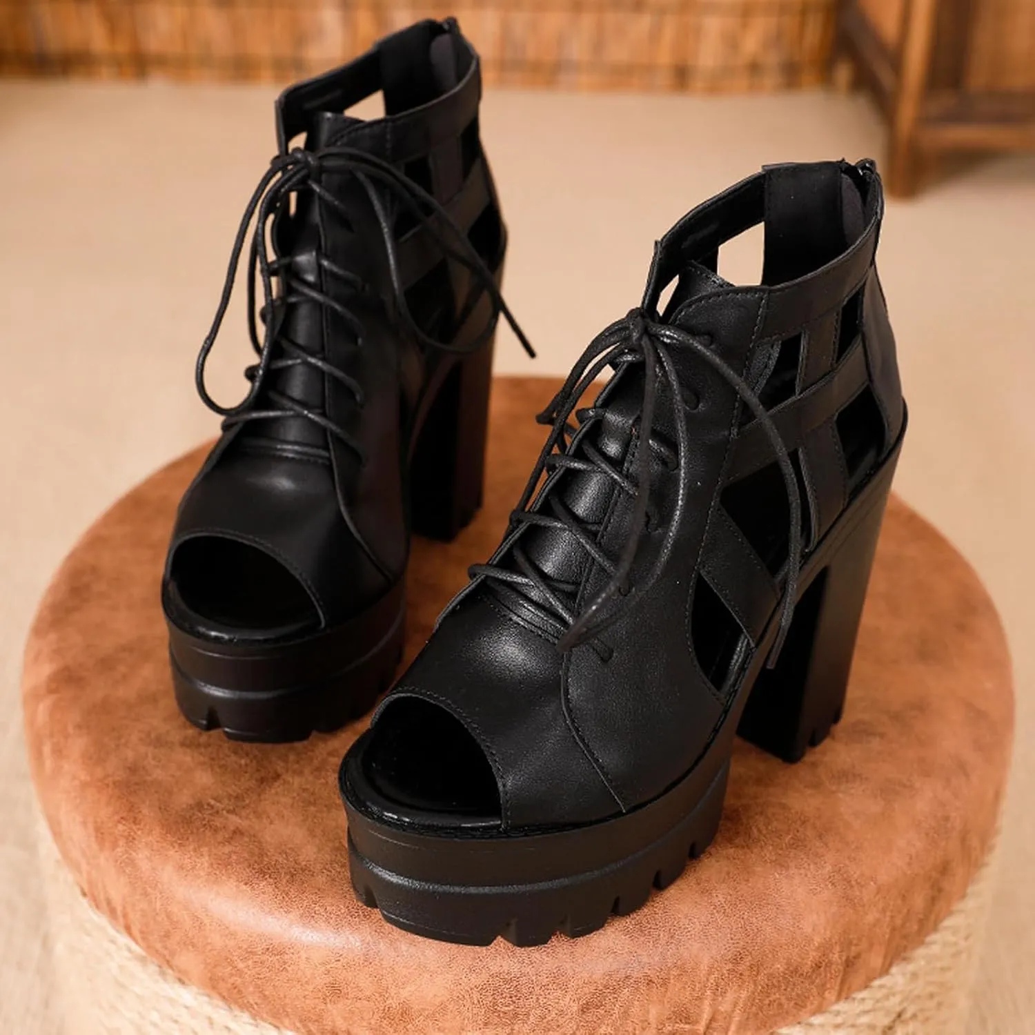 Womens Leather Chunky High Heel Fish Mouth Gladiator Sandals Fashion Lace Up Back Zipper Comfort Cutout Non-Slip Platform Block Heel Y2k Ankle Booties for Dressy Party