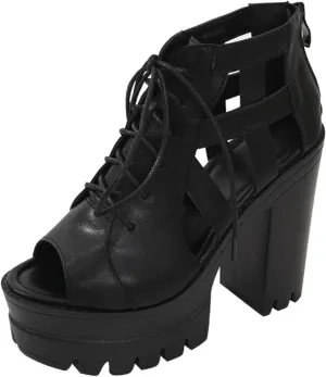 Womens Leather Chunky High Heel Fish Mouth Gladiator Sandals Fashion Lace Up Back Zipper Comfort Cutout Non-Slip Platform Block Heel Y2k Ankle Booties for Dressy Party