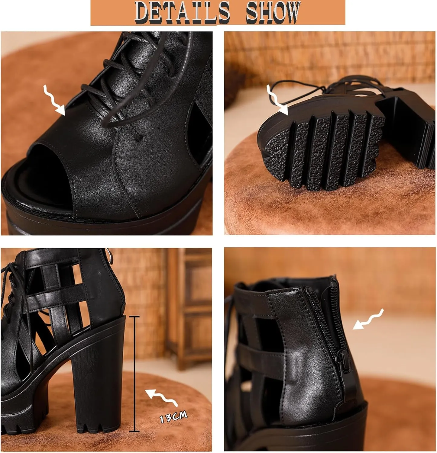 Womens Leather Chunky High Heel Fish Mouth Gladiator Sandals Fashion Lace Up Back Zipper Comfort Cutout Non-Slip Platform Block Heel Y2k Ankle Booties for Dressy Party