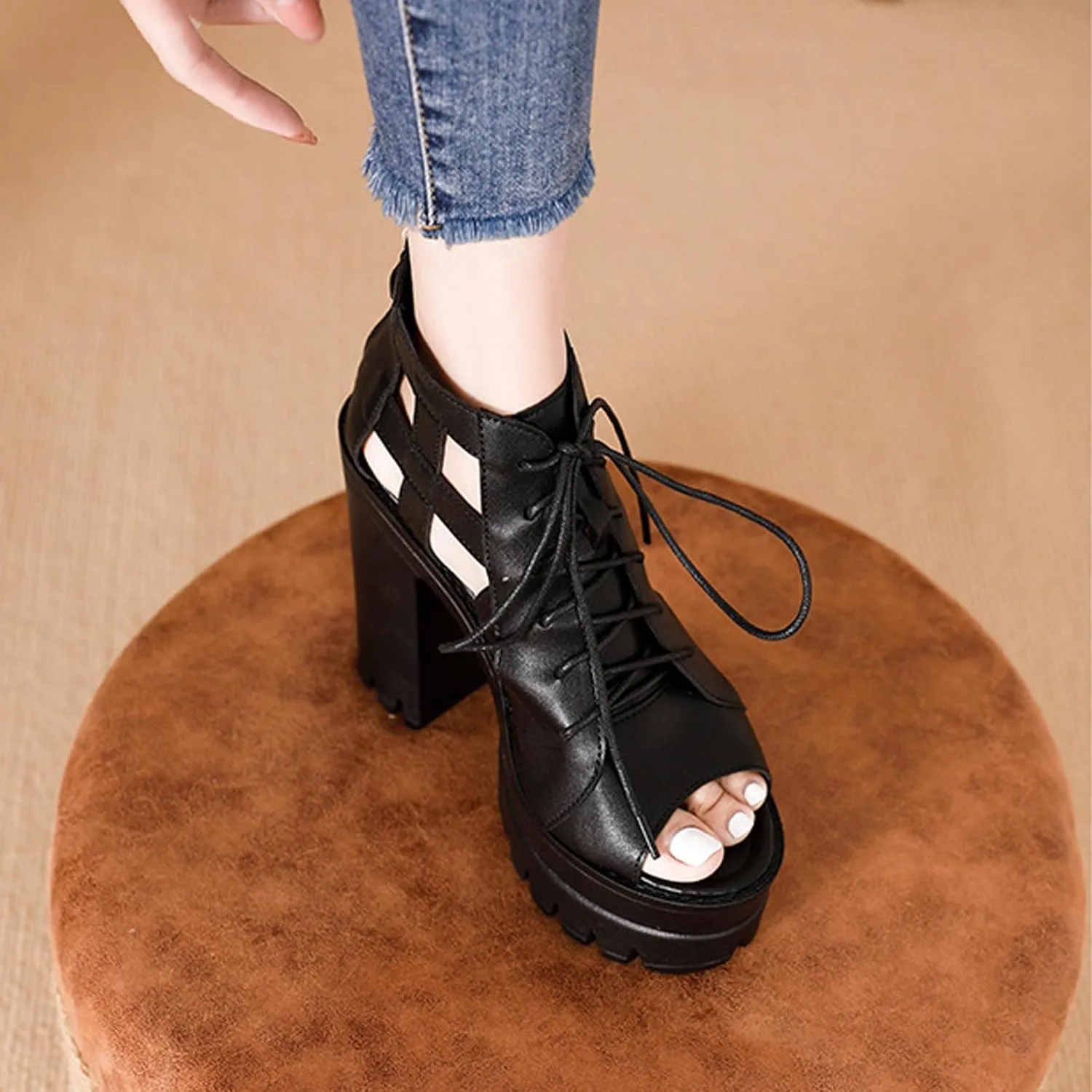 Womens Leather Chunky High Heel Fish Mouth Gladiator Sandals Fashion Lace Up Back Zipper Comfort Cutout Non-Slip Platform Block Heel Y2k Ankle Booties for Dressy Party