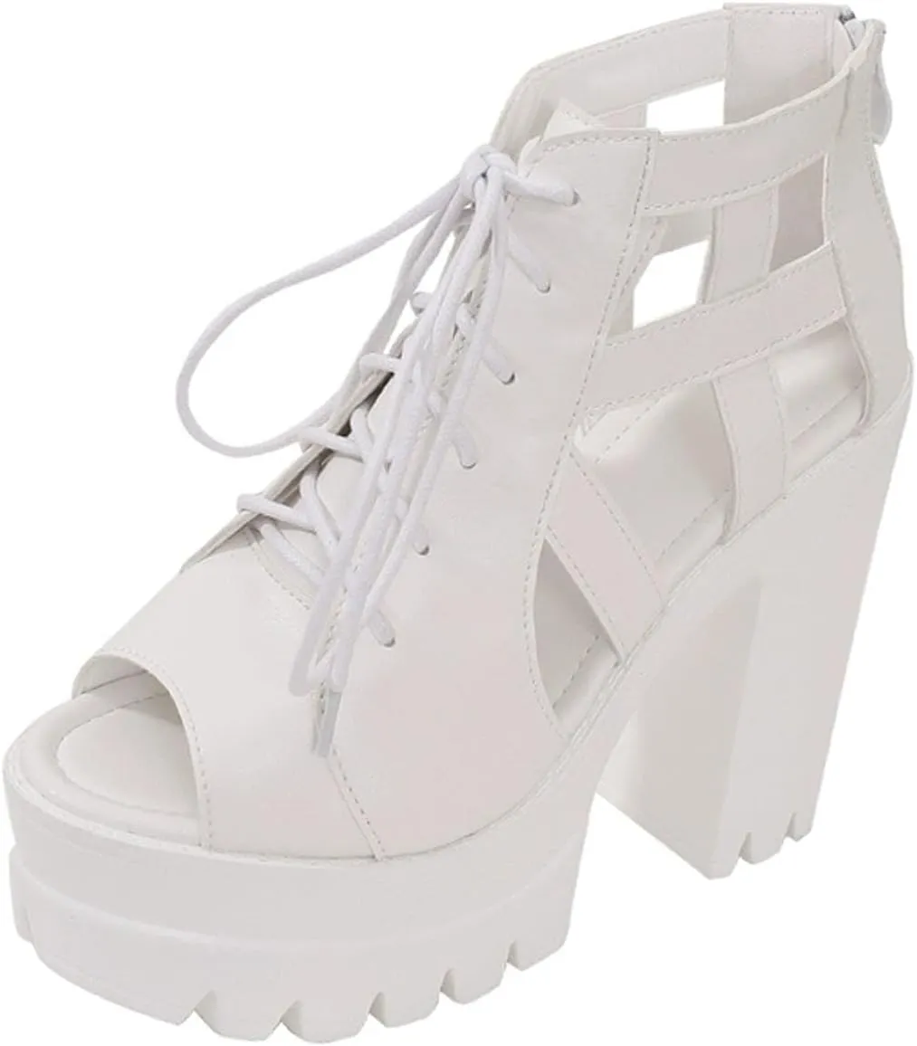 Womens Leather Chunky High Heel Fish Mouth Gladiator Sandals Fashion Lace Up Back Zipper Comfort Cutout Non-Slip Platform Block Heel Y2k Ankle Booties for Dressy Party