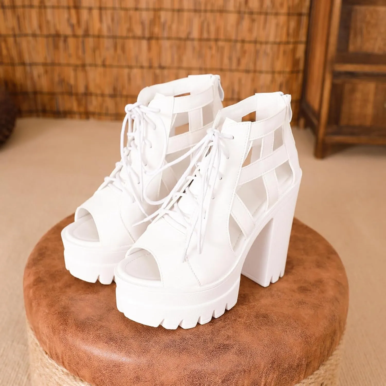 Womens Leather Chunky High Heel Fish Mouth Gladiator Sandals Fashion Lace Up Back Zipper Comfort Cutout Non-Slip Platform Block Heel Y2k Ankle Booties for Dressy Party