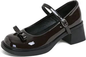 Womens Leather Chunky Low Heel Mary Jane Shoes Round Toe Anti-Slip Adjustable Buckle Block Heel Bow Internal Increase Vintage Comfortable Uniform Work Pumps
