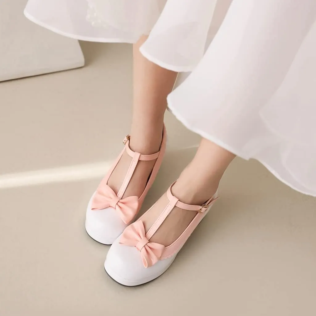 Women's Lolita T-Strap Bow Ankle Strap Mary Jane Pumps Round Toe Platform Chunky Mid Heel Dress Shoes