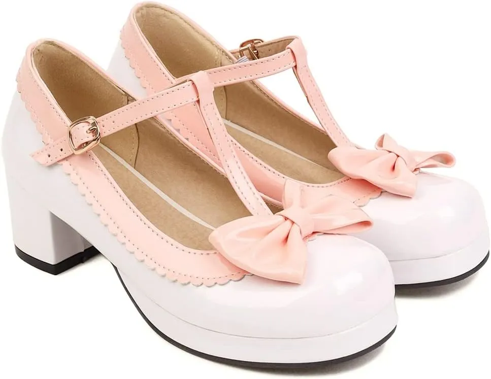 Women's Lolita T-Strap Bow Ankle Strap Mary Jane Pumps Round Toe Platform Chunky Mid Heel Dress Shoes