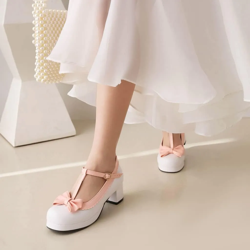 Women's Lolita T-Strap Bow Ankle Strap Mary Jane Pumps Round Toe Platform Chunky Mid Heel Dress Shoes