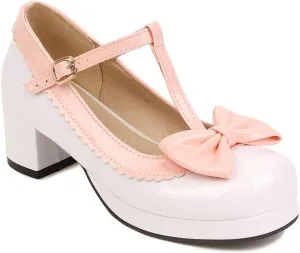 Women's Lolita T-Strap Bow Ankle Strap Mary Jane Pumps Round Toe Platform Chunky Mid Heel Dress Shoes