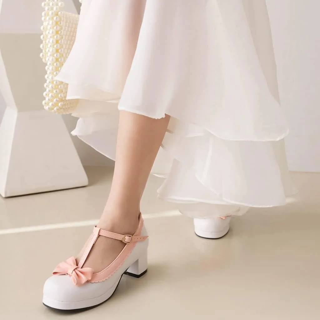 Women's Lolita T-Strap Bow Ankle Strap Mary Jane Pumps Round Toe Platform Chunky Mid Heel Dress Shoes