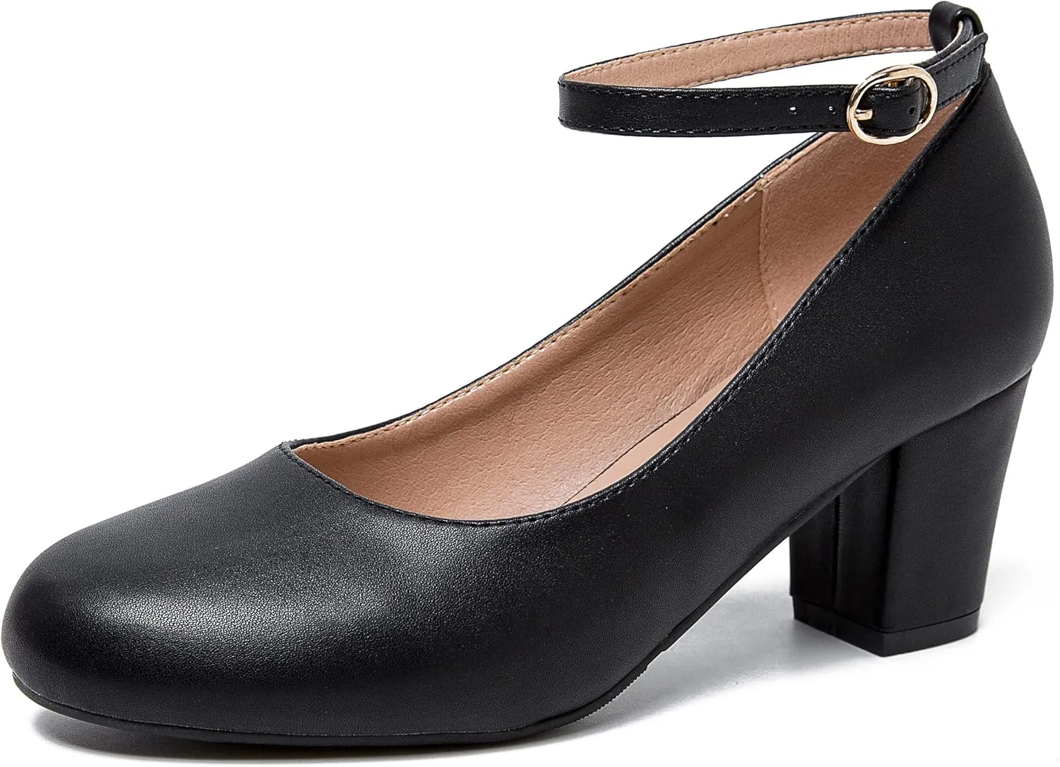 Women's Low Block Chunky Heels Ankle Strap Pumps Closed Round Toe Dress Wedding Office Work Church Shoes