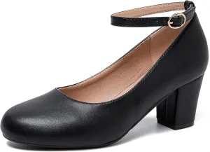 Women's Low Block Chunky Heels Ankle Strap Pumps Closed Round Toe Dress Wedding Office Work Church Shoes