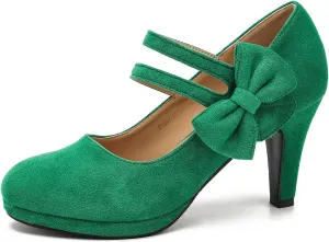 Women's Mary Jane Bow Heels Pumps Round Closed Toe Kitten Heel Double Ankle Strap Wedding Office Work Dress Shoes