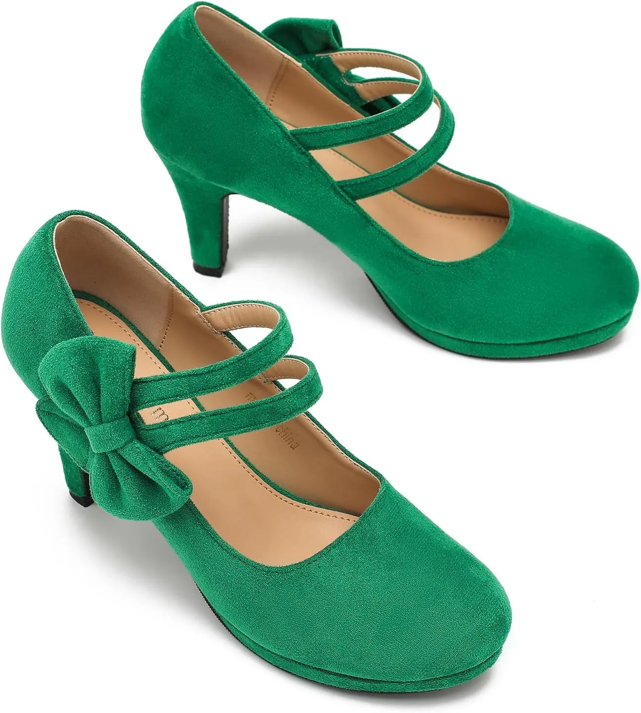 Women's Mary Jane Bow Heels Pumps Round Closed Toe Kitten Heel Double Ankle Strap Wedding Office Work Dress Shoes