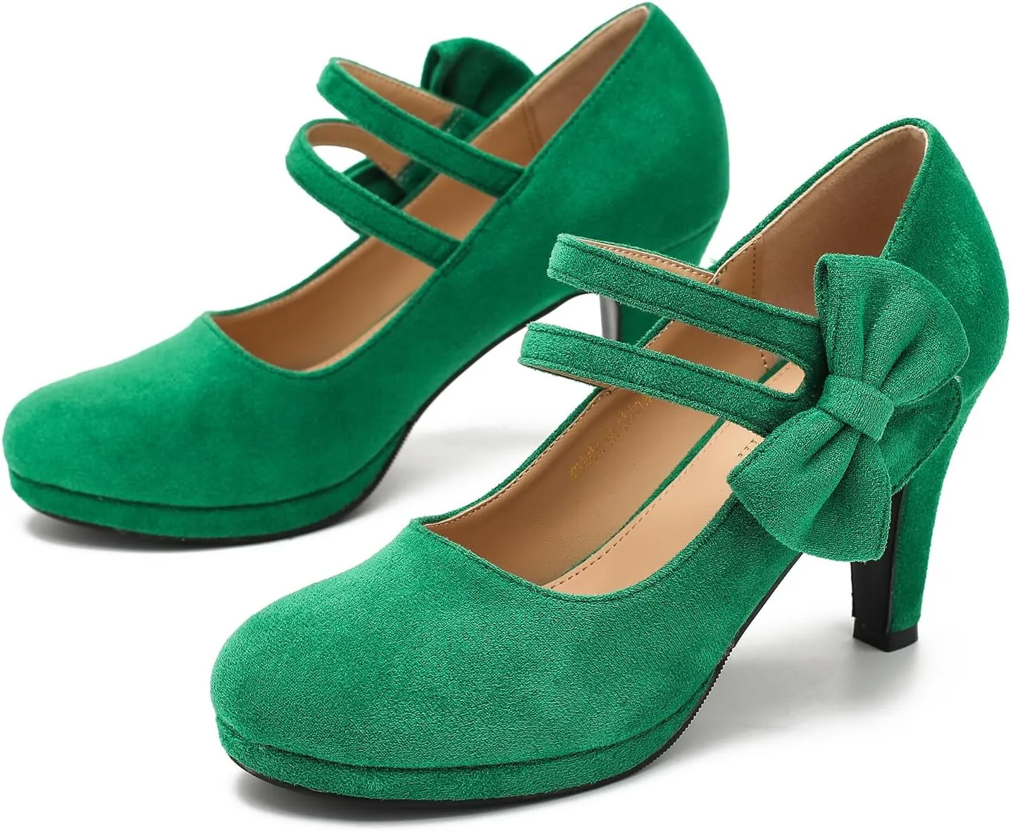 Women's Mary Jane Bow Heels Pumps Round Closed Toe Kitten Heel Double Ankle Strap Wedding Office Work Dress Shoes