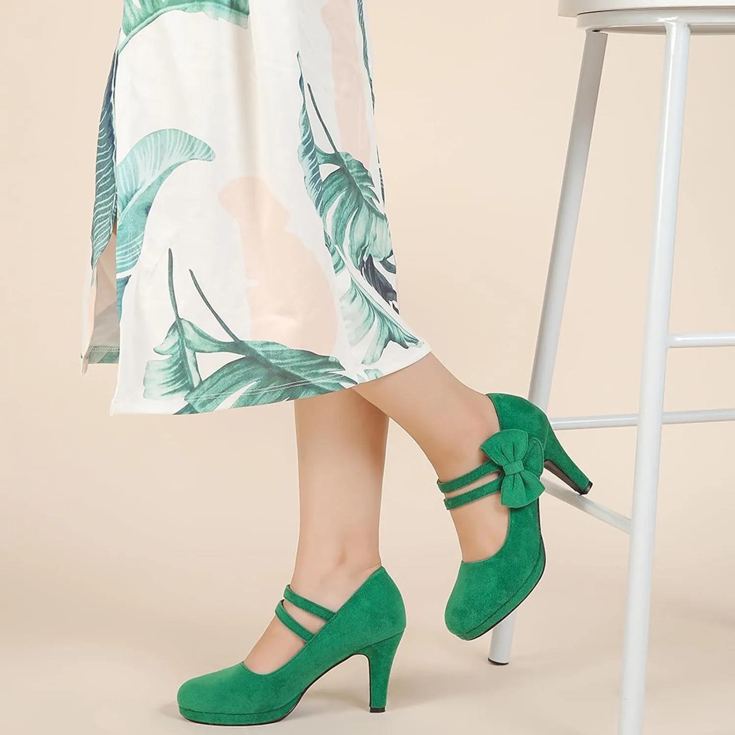 Women's Mary Jane Bow Heels Pumps Round Closed Toe Kitten Heel Double Ankle Strap Wedding Office Work Dress Shoes