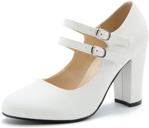 Women's Mary Jane Dress Shoes Double Strap Closed Round Toe Block High Heel Pumps