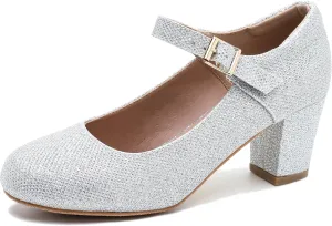 Women's Mary Jane Shoes Low Block Heel Ankle Strap Closed Round Toe Pumps Dress Wedding Office Work Church Shoes Silver Glitter 41-9US
