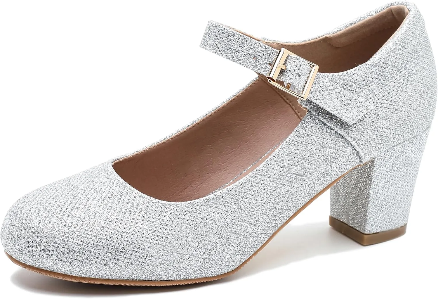 Women's Mary Jane Shoes Low Block Heel Ankle Strap Closed Round Toe Pumps Dress Wedding Office Work Church Shoes Silver Glitter 41-9US