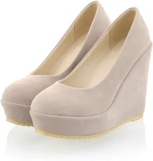 Womens Platform Wedge High Heel Pumps Slip On Comfortable Casual Round Toe Office Work Dress Shoes