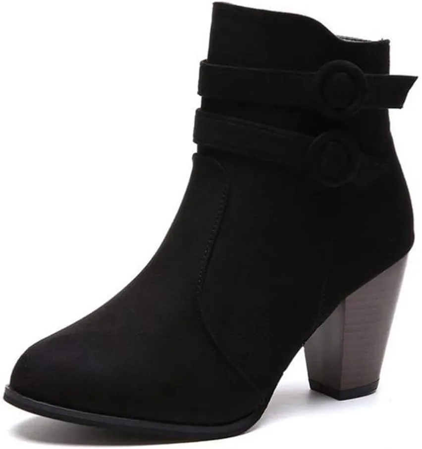 Women's Pointed Toe Suede Dress Ankle Boots Chunky Block High Heel Zipper Booties Tassel Short Boot