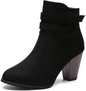 Women's Pointed Toe Suede Dress Ankle Boots Chunky Block High Heel Zipper Booties Tassel Short Boot
