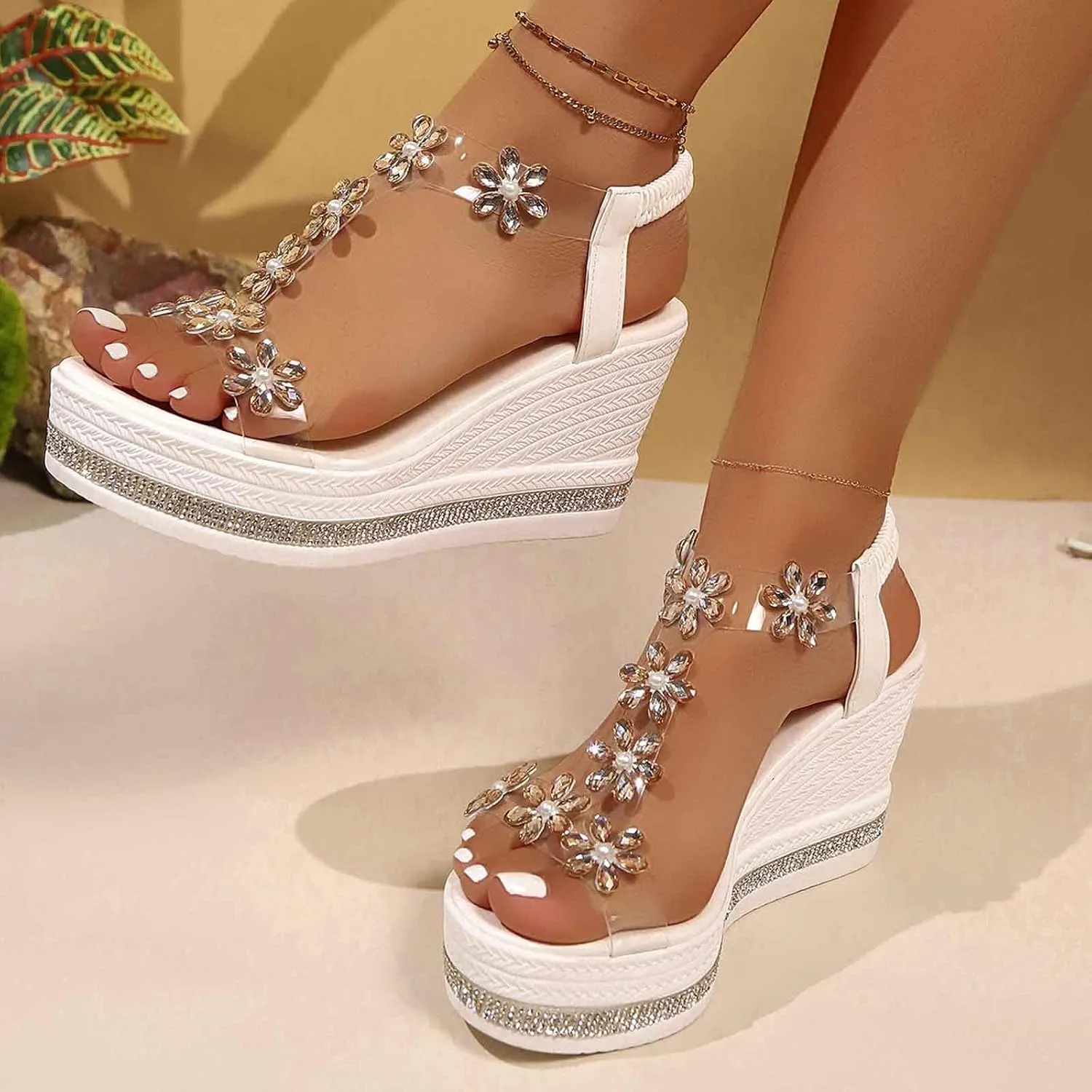 Women's Rhinestone Block Heel Sandals,2025 New Elastic Ankle Strap Sandals Open Toe Fashion Sandals (Black,9)