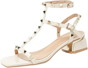Women's Rivets Leather Chunky Block Heel Sandals with Ankle Strap Buckle Fashion Square Open Toe Comfort Sexy Gladiator Y2K Sandals for Dress Party Prom Shoes