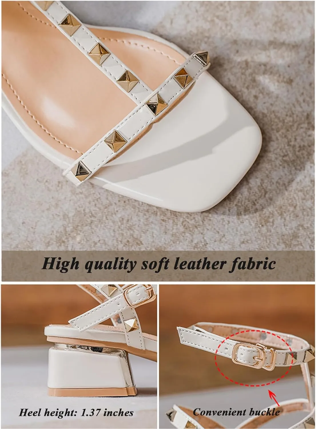 Women's Rivets Leather Chunky Block Heel Sandals with Ankle Strap Buckle Fashion Square Open Toe Comfort Sexy Gladiator Y2K Sandals for Dress Party Prom Shoes