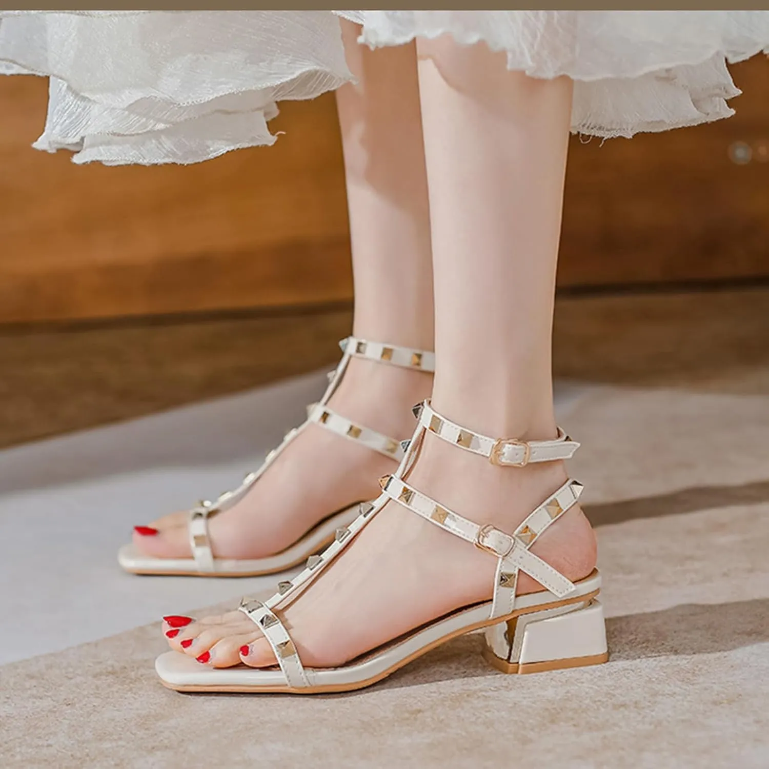 Women's Rivets Leather Chunky Block Heel Sandals with Ankle Strap Buckle Fashion Square Open Toe Comfort Sexy Gladiator Y2K Sandals for Dress Party Prom Shoes