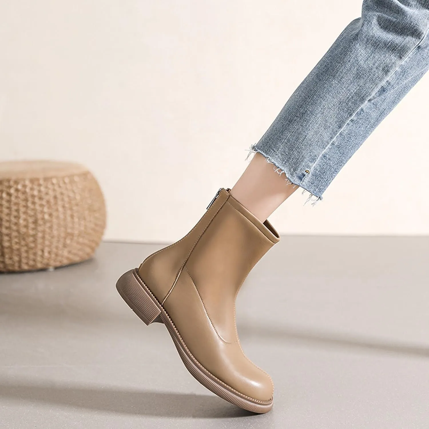 Women's Round Toe Low Chunky Heel Chelsea Boots Autumn Winter Back Zipper Block Heel Ankle Boots Fashion Waterproof Dress Booties