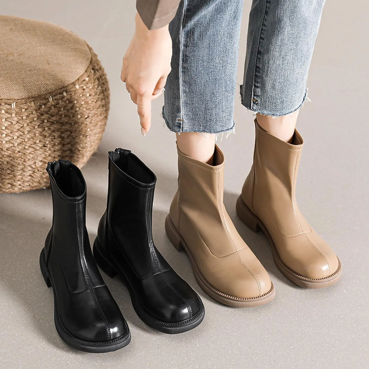 Women's Round Toe Low Chunky Heel Chelsea Boots Autumn Winter Back Zipper Block Heel Ankle Boots Fashion Waterproof Dress Booties