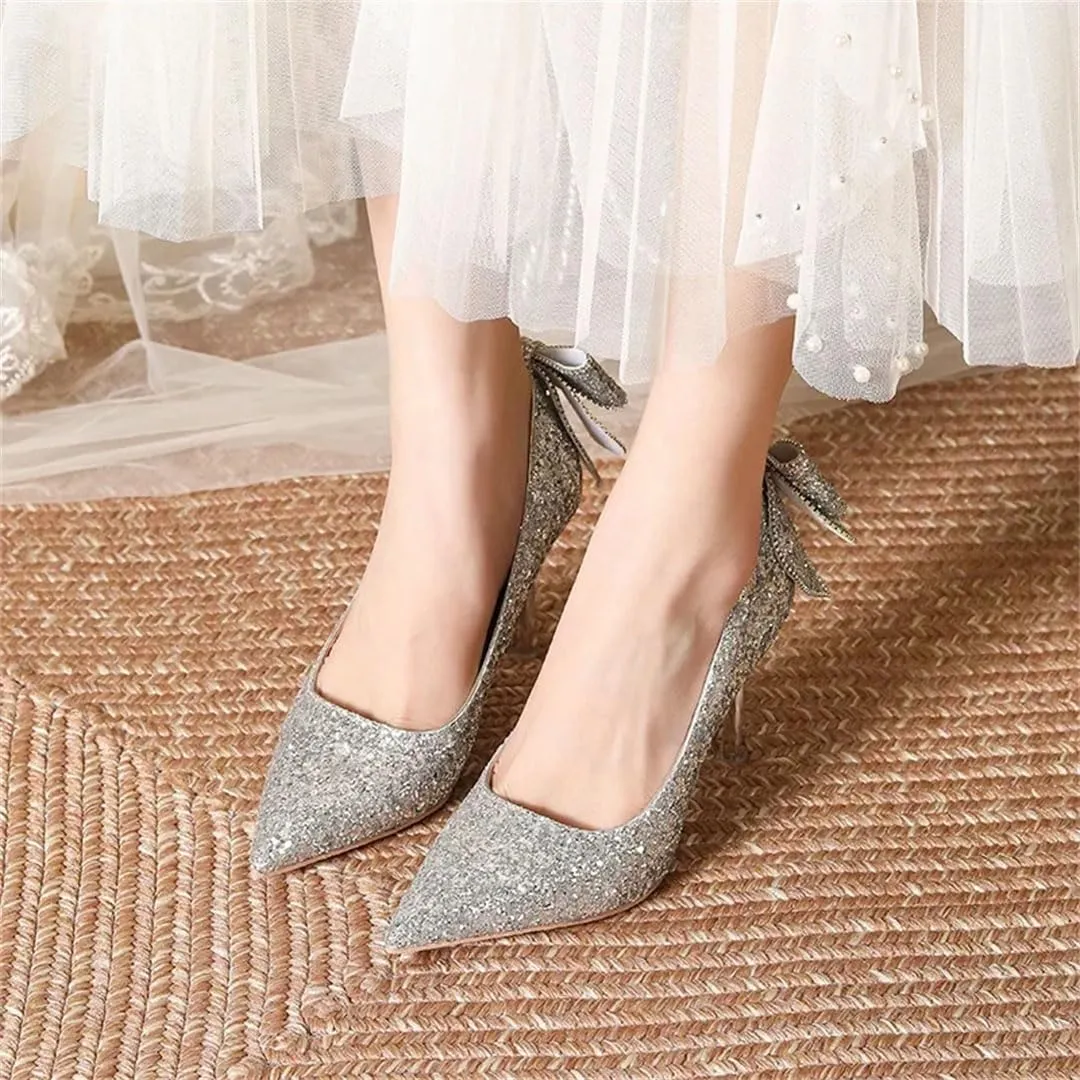 Women's Silver Sequins Glitter High Heels Wedding Bridesmaid Shoes Pointed Toe Thin Heel Bow Slip-On Pump