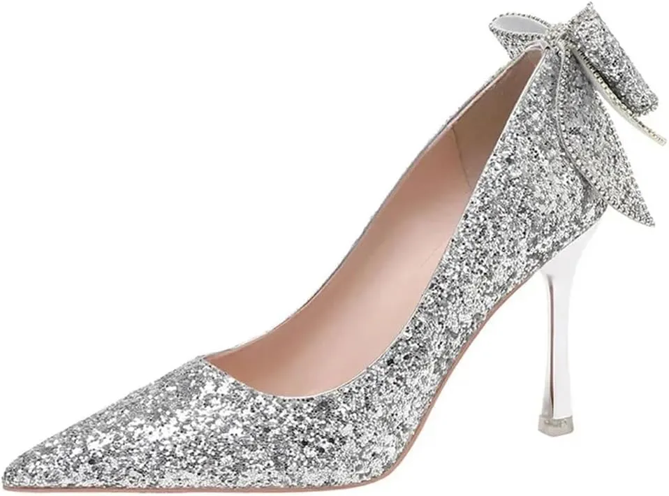 Women's Silver Sequins Glitter High Heels Wedding Bridesmaid Shoes Pointed Toe Thin Heel Bow Slip-On Pump