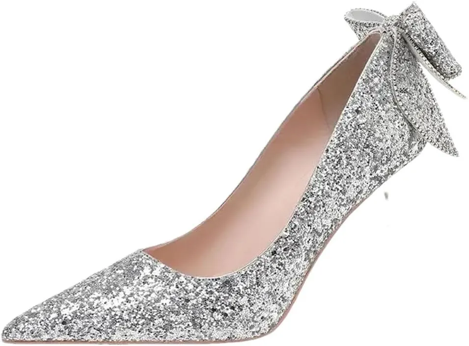 Women's Silver Sequins Glitter High Heels Wedding Bridesmaid Shoes Pointed Toe Thin Heel Bow Slip-On Pump