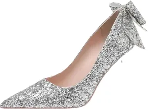 Women's Silver Sequins Glitter High Heels Wedding Bridesmaid Shoes Pointed Toe Thin Heel Bow Slip-On Pump