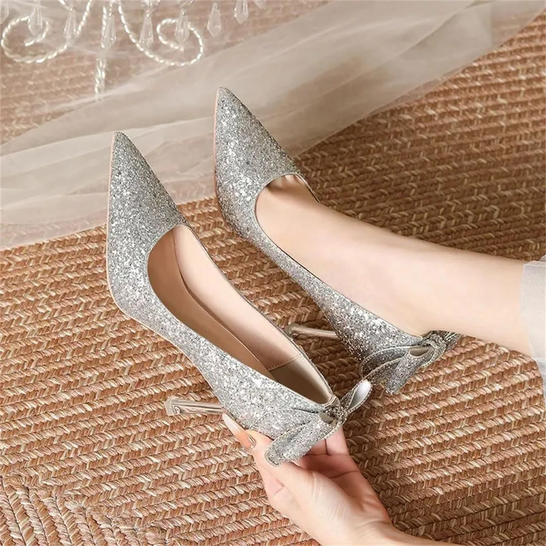 Women's Silver Sequins Glitter High Heels Wedding Bridesmaid Shoes Pointed Toe Thin Heel Bow Slip-On Pump