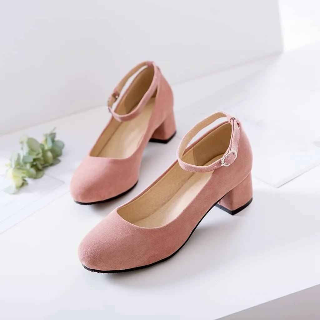 Women's Square Toe Chunky Mid Heel Pumps Suede Pearls Buckle Slip-On Comfort Work Office Dress Shoes
