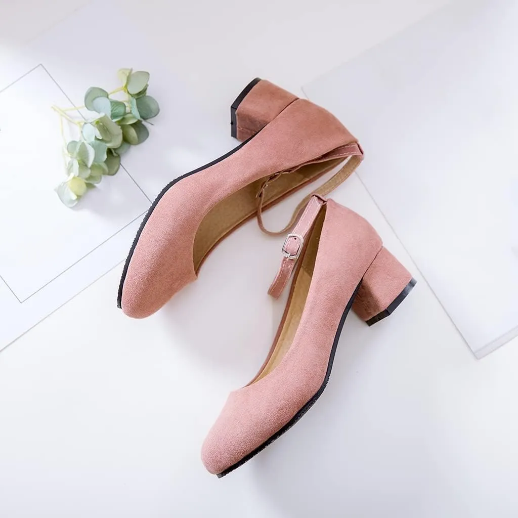 Women's Square Toe Chunky Mid Heel Pumps Suede Pearls Buckle Slip-On Comfort Work Office Dress Shoes