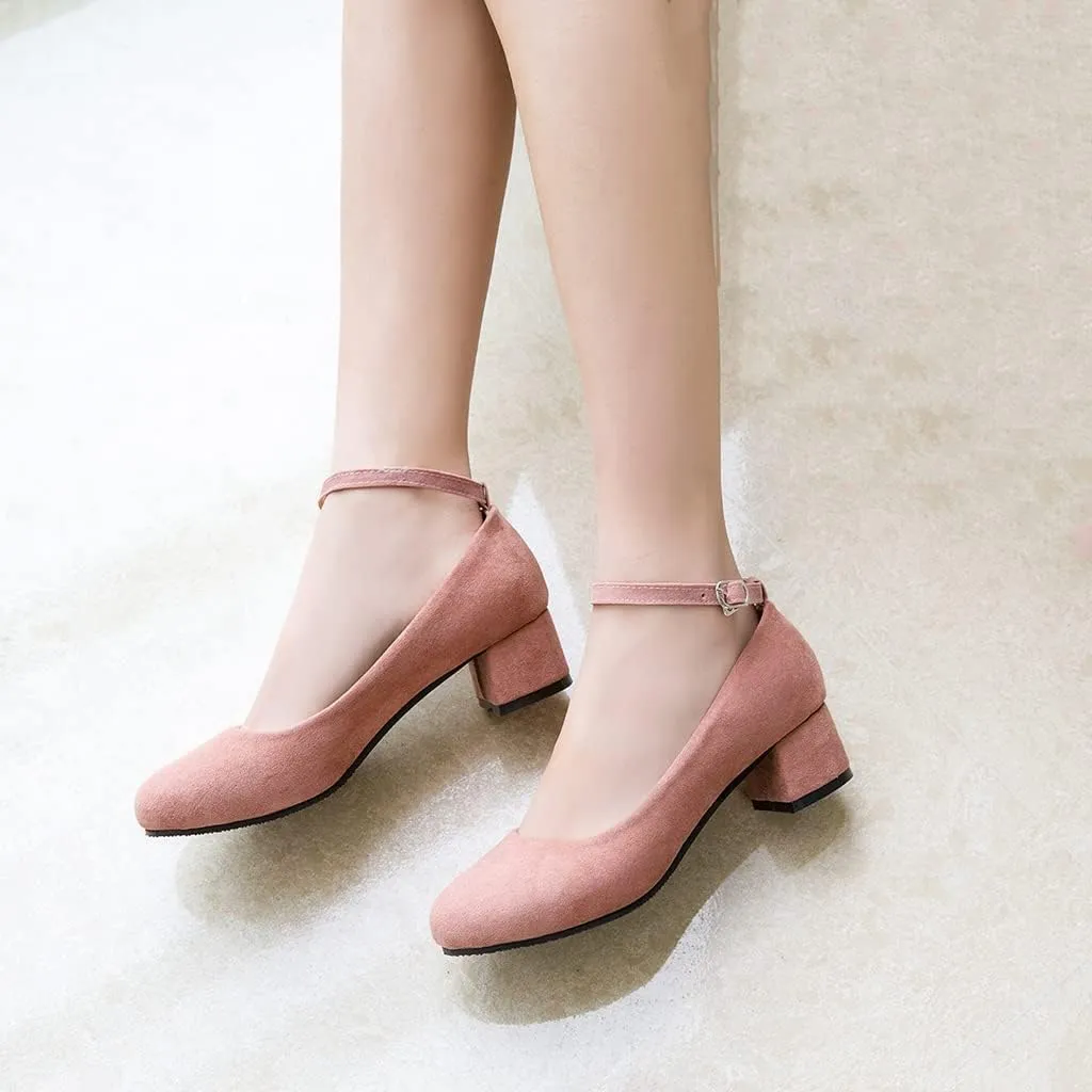 Women's Square Toe Chunky Mid Heel Pumps Suede Pearls Buckle Slip-On Comfort Work Office Dress Shoes