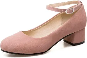 Women's Square Toe Chunky Mid Heel Pumps Suede Pearls Buckle Slip-On Comfort Work Office Dress Shoes