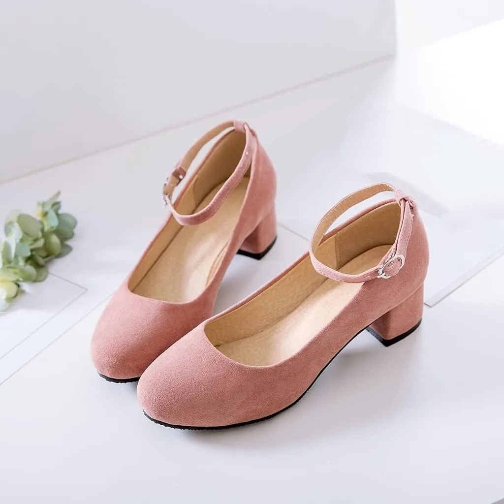 Women's Square Toe Chunky Mid Heel Pumps Suede Pearls Buckle Slip-On Comfort Work Office Dress Shoes